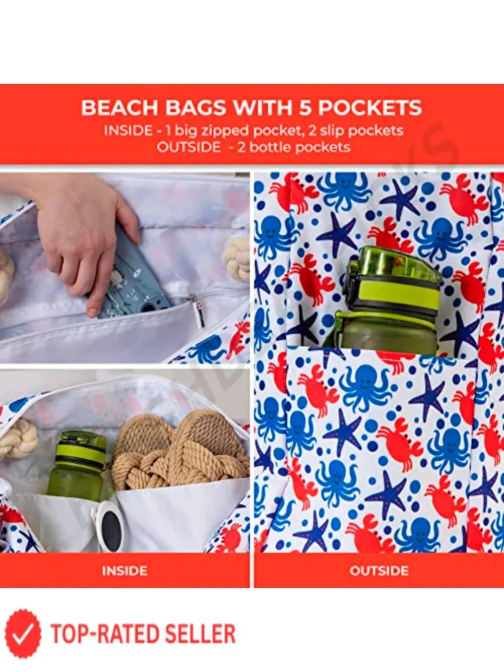 Waterproof Beach Tote Bag with Cooler Pocket, 7 Pockets, Zip Top, Large Family